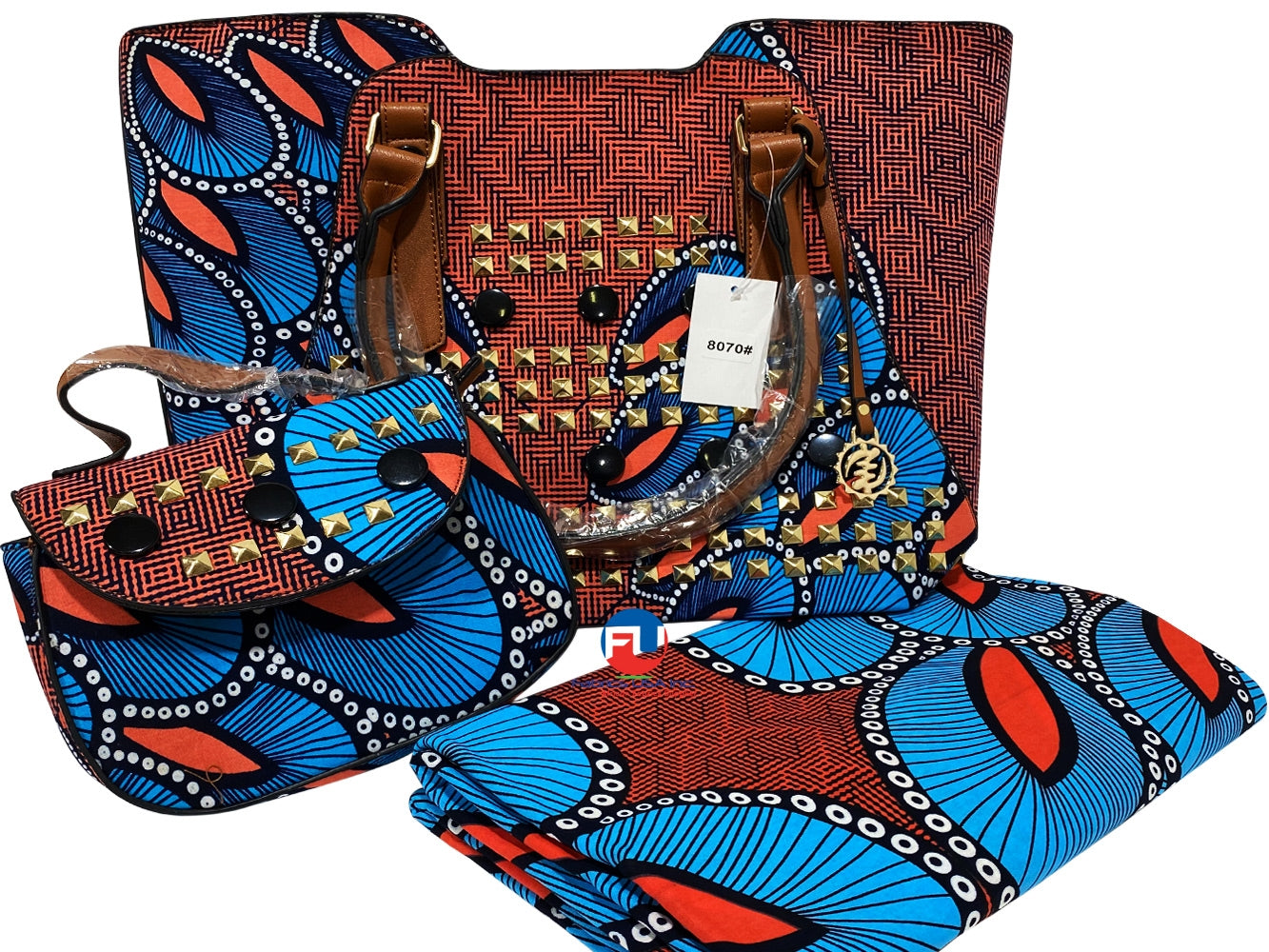 African Print Fabric & Bags : Peacock- Peach, Turquoise, Black, White