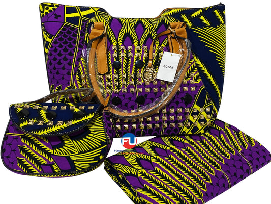 African Print Fabric & Bags :Bird- Purple, Yellow, Black,  Blue