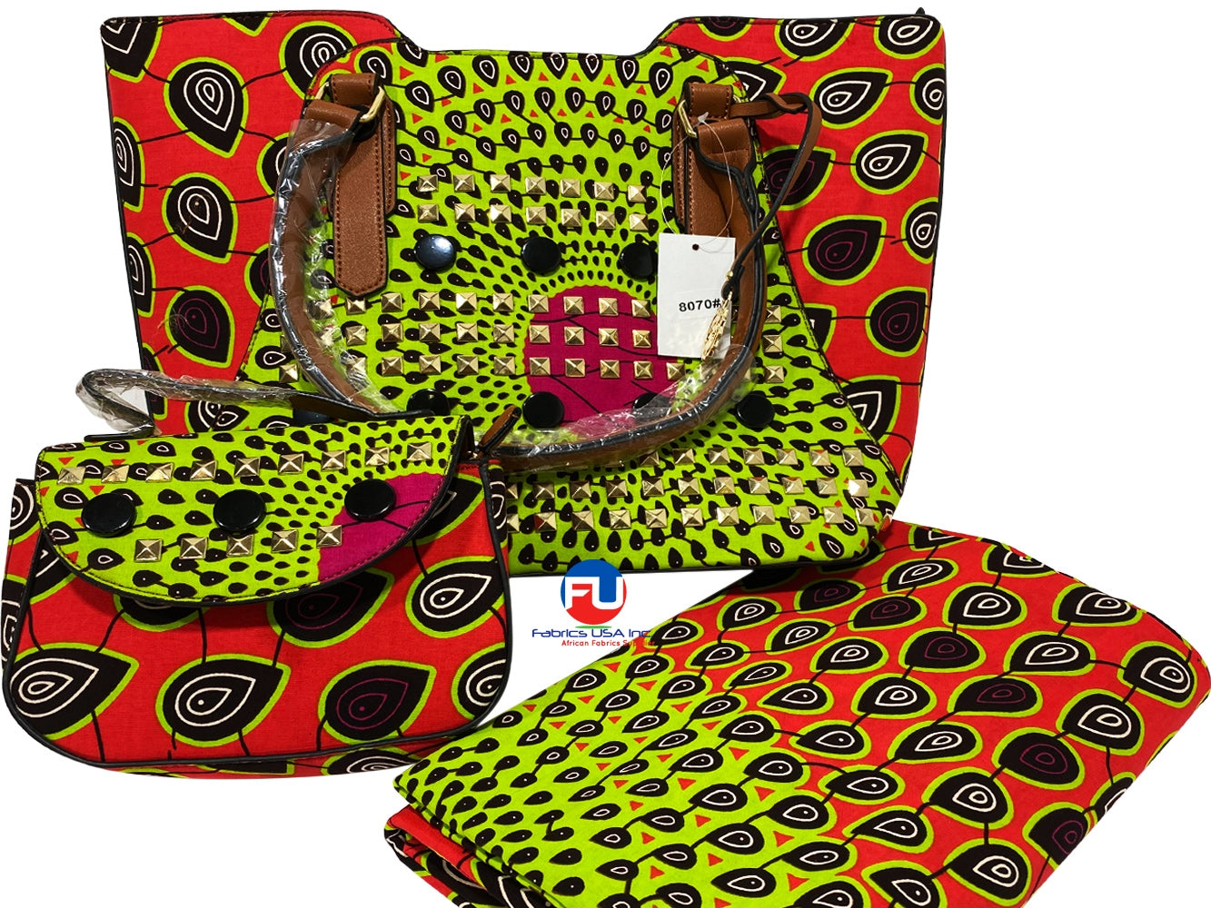 African Print Fabric & Bags :Peacock- Orange, Yellow, Black, Lime-Green