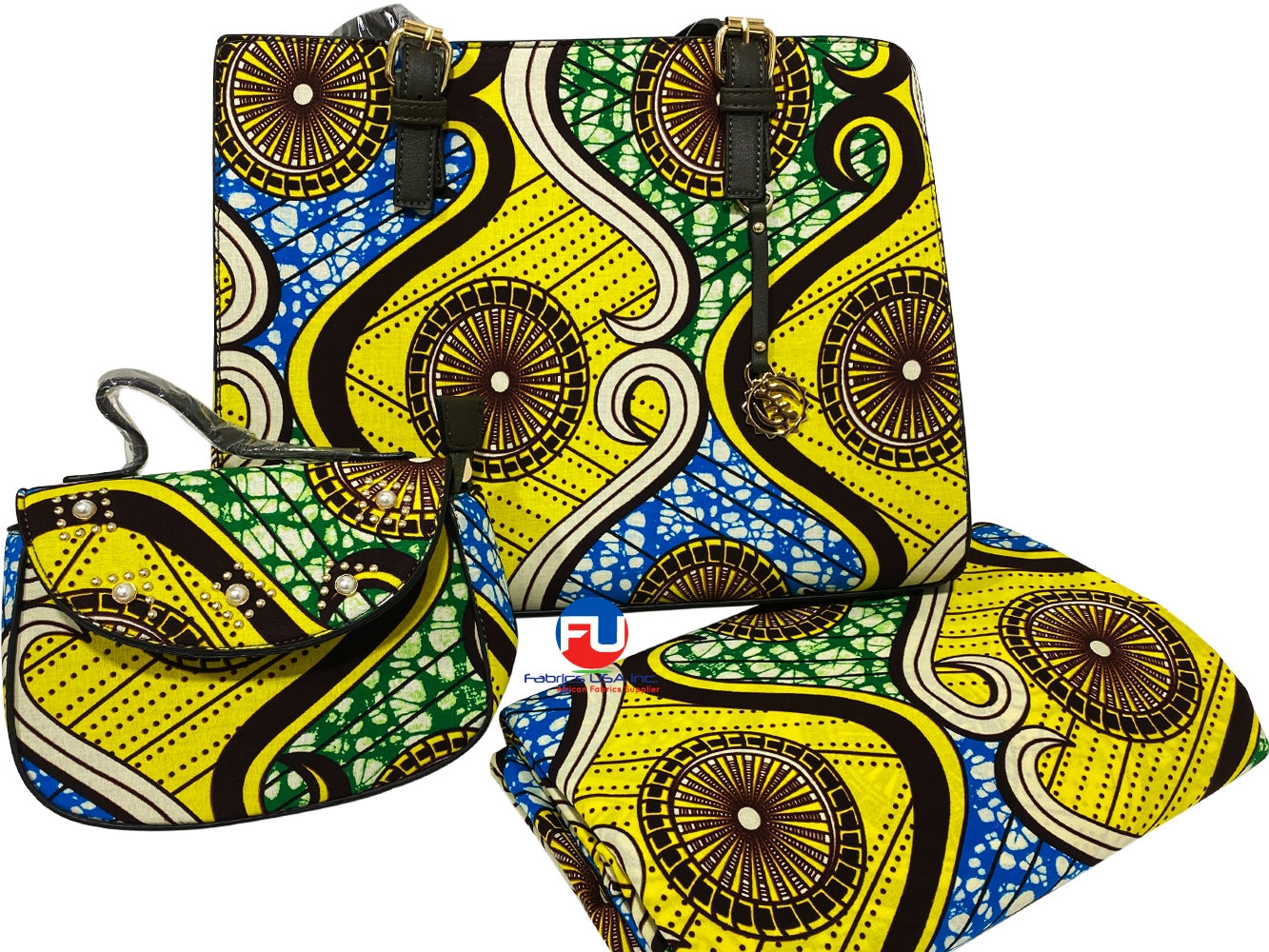 African Print Fabric & Bags; Yellow, Brown, Blue, Green,