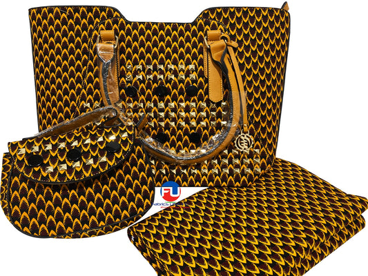 African Print Fabric & Bags :  Snake Skin Pattern- Golden-Yellow, Black, Golden Brown