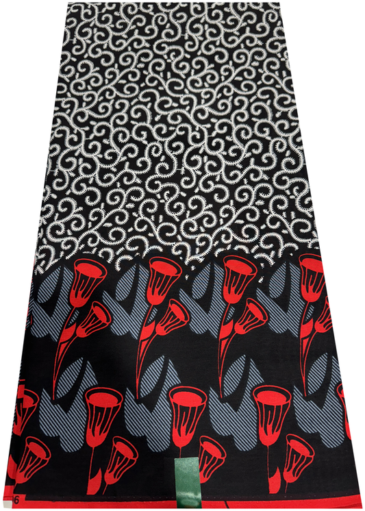 Unique African Wax Print - Macaroni Design- Red, White, Gray, Black