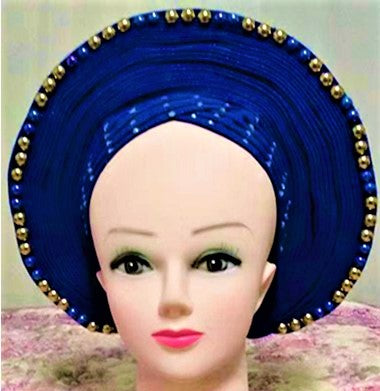 BLUE with Gold Beads- Auto Gele Nigeria Headtie African  Head Wraps Gele with Shoulder  Shawl/ Strap with Stones - For all Occasions-