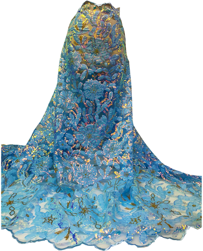 African Net Lace Fabric Exclusive NEW Arrival Lace in Pale/Sky Blue Color Floral Design, Iridescent Sequin,  Gold Stone