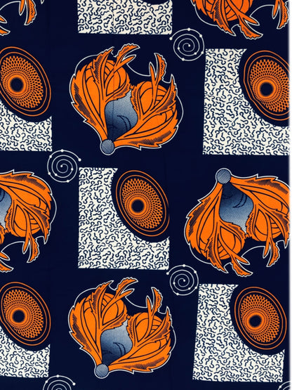 African Wax Print - Orange,Blue,White,Black