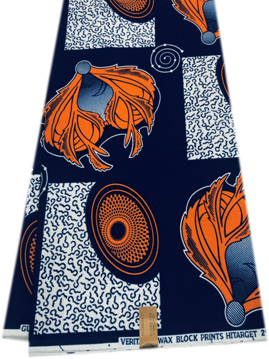 African Wax Print - Orange,Blue,White,Black