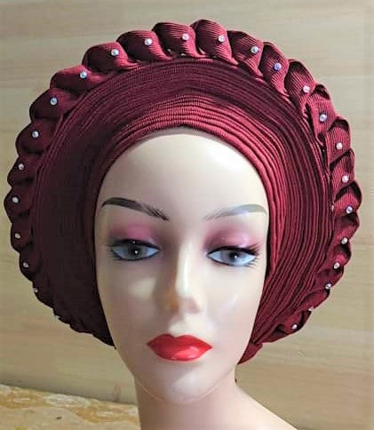 BURGUNDY- Auto Gele Nigeria Headtie African  Head Wraps Gele with Shoulder  Shawl/ Strap with Stones - For all Occasions-