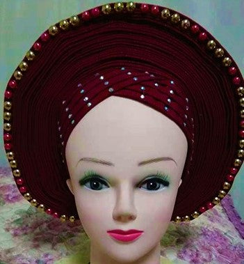 BURGUNDY with Gold Beads- Auto Gele Nigeria Headtie African  Head Wraps Gele with Shoulder  Shawl/ Strap with Stones - For all Occasions-