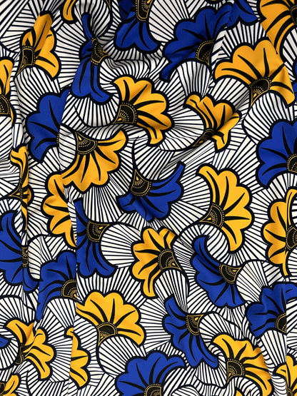 Beautiful Design African Print in Spandex Fabric- White, Yellow, Royal Blue, Black