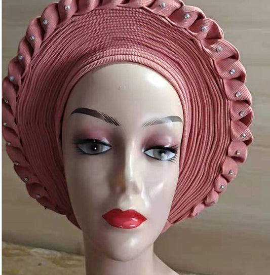 CORAL - Auto Gele Nigeria Headtie African  Head Wraps Gele with Shoulder  Shawl/ Strap with Stones - For all Occasions-