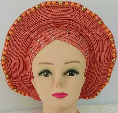 CORAL with Coral /Gold Beads- Auto Gele Nigeria Headtie African  Head Wraps Gele with Shoulder  Shawl/ Strap with Stones - For all Occasions-