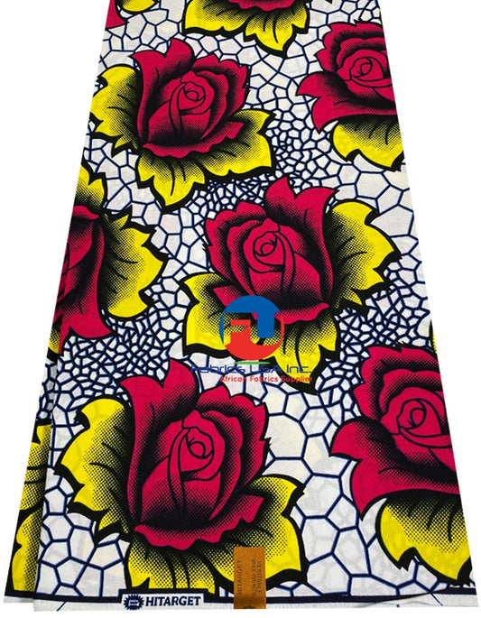 African Wax Print - Floral-  Pink , Yellow, Blue, White