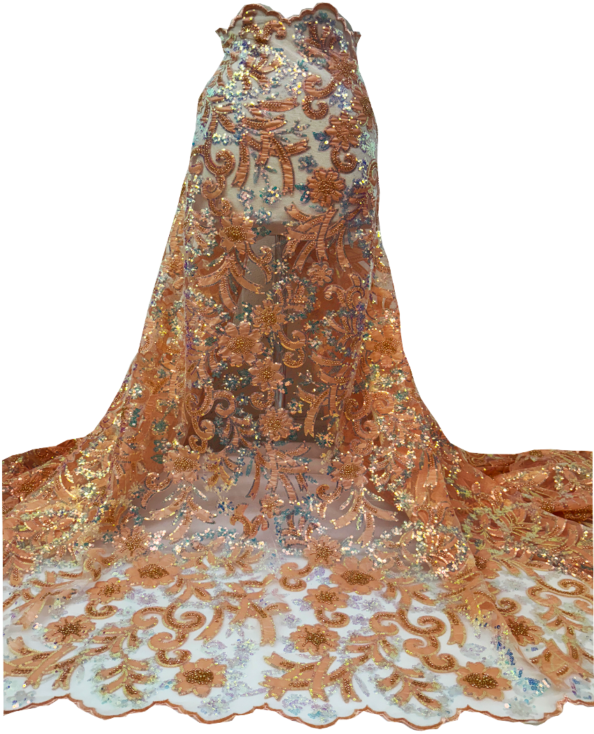 Exclusive NEW Arrival Lace in Cantaloupe Color Floral Design, Iridescent Sequin, African Net Lace Fabric with  Gold Stone