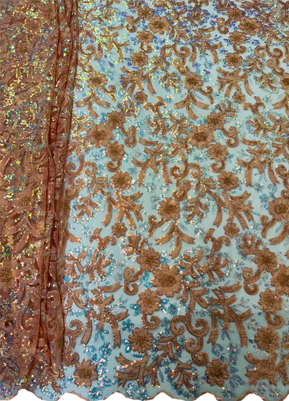 Exclusive NEW Arrival Lace in Cantaloupe Color Floral Design, Iridescent Sequin, African Net Lace Fabric with  Gold Stone