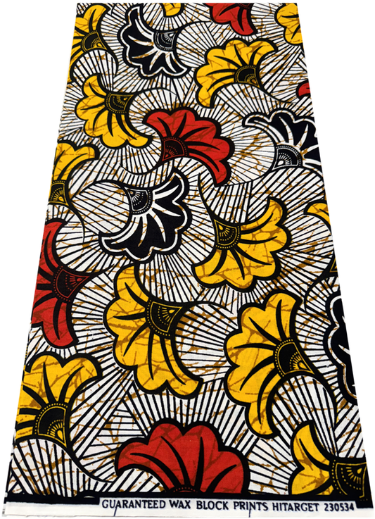 Exclusive Veritable  Ankara Wrapper Print-Floral Design- Gold, Red-Orange, Black, White, Yellow