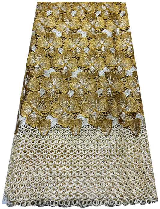 Guipure Lace Embroidery with Beads- Floral Design- Gold and Cream