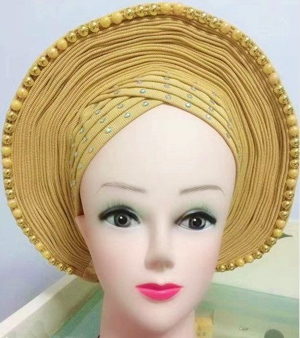 GOLD with Gold Beads- Auto Gele Nigeria Headtie African  Head Wraps Gele with Shoulder  Shawl/ Strap with Stones - For all Occasions-