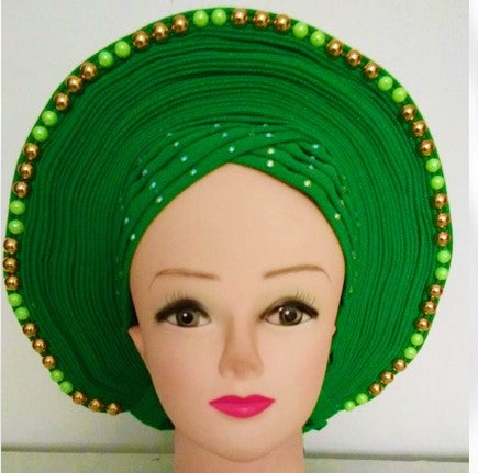 GREEN with Gold/Green Beads- Auto Gele Nigeria Headtie African  Head Wraps Gele with Shoulder  Shawl/ Strap with Stones - For all Occasions-