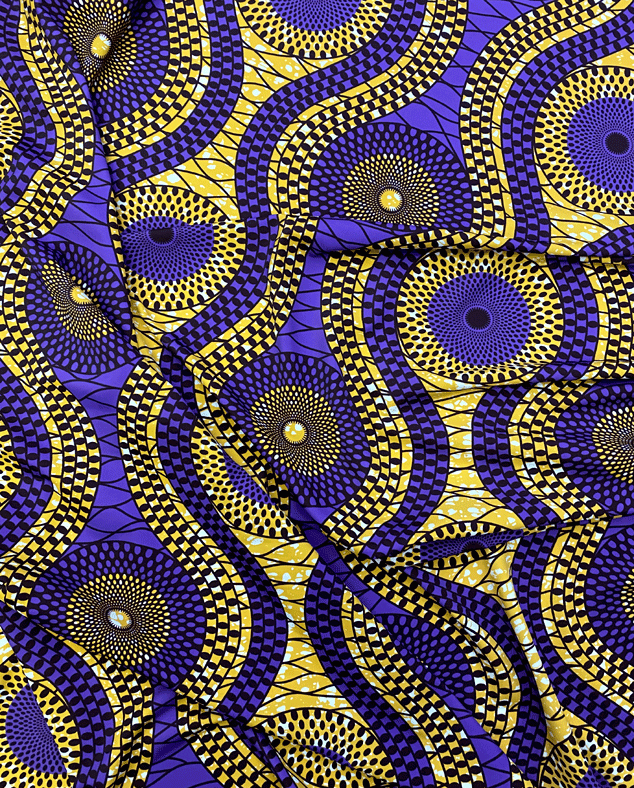 African Print Fabric  in Nylon Spandex 4 Way Stretch  Fabric - Purple, Gold, Off-White