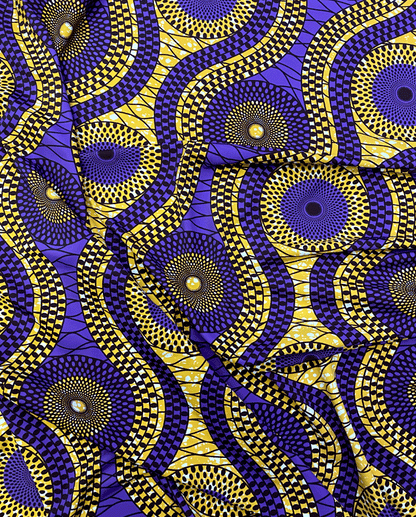 African Print Fabric  in Nylon Spandex 4 Way Stretch  Fabric - Purple, Gold, Off-White