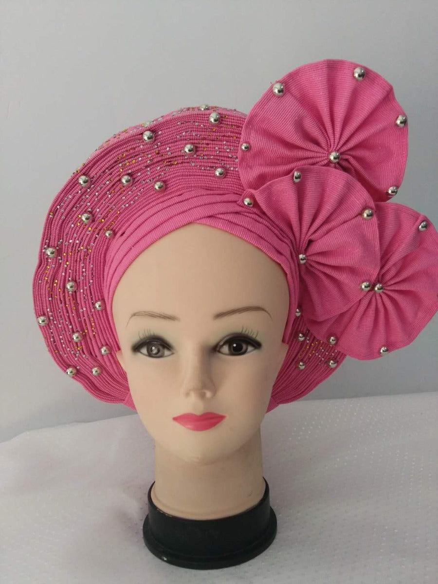 Pink Auto Gele Headtie African  Head Wraps Gele with Shoulder  Shawl/ Strap with Stones - For all Occasions-