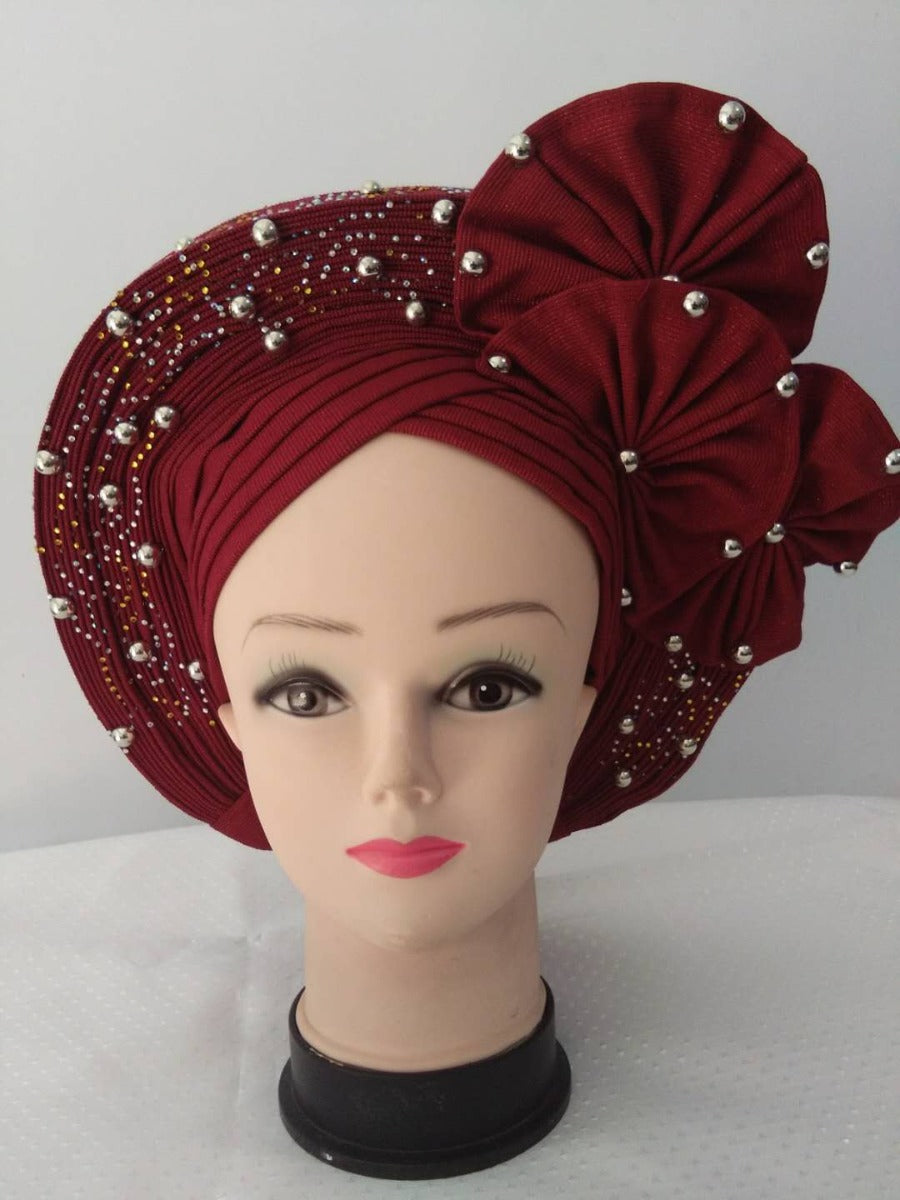 Burgundy Auto Gele Headtie African  Head Wraps Gele with Shoulder  Shawl/ Strap with Stones - For all Occasions-