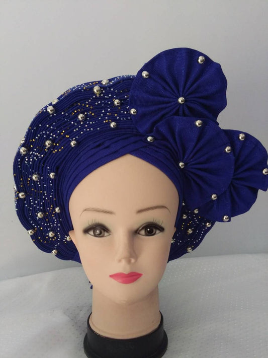 Blue Auto Gele Headtie African  Head Wraps Gele with Shoulder  Shawl/ Strap with Stones - For all Occasions-