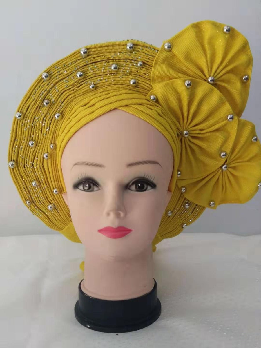 Yellow  Auto Gele Headtie African  Head Wraps Gele with Shoulder  Shawl/ Strap with Stones - For all Occasions-