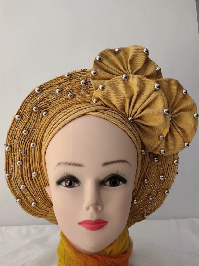 Gold Auto Gele Headtie African  Head Wraps Gele with Shoulder  Shawl/ Strap with Stones - For all Occasions-