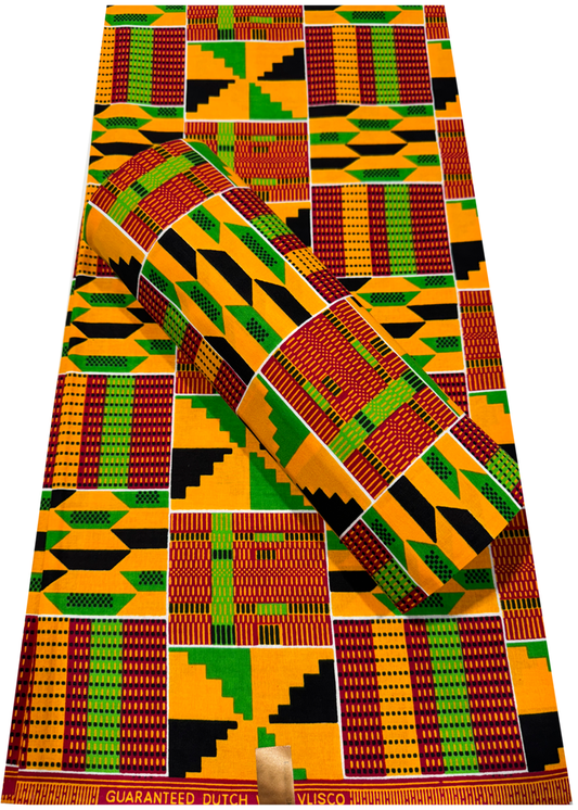 African Kente Fabric Print- Golden-Yellow, Red, Green, Black, White