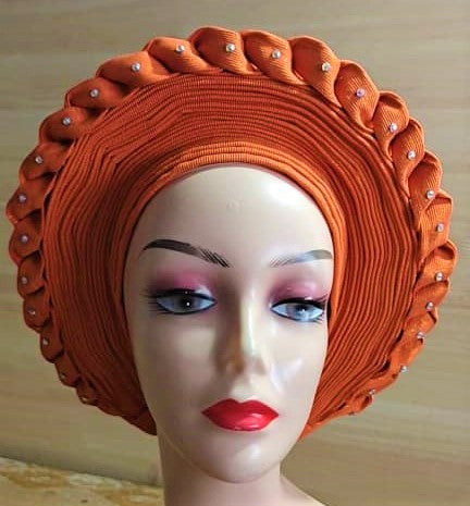 ORANGE- Auto Gele Nigeria Headtie African  Head Wraps Gele with Shoulder  Shawl/ Strap with Stones - For all Occasions-