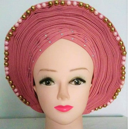 BLUSH with Gold/Pink Beads- Auto Gele Nigeria Headtie African  Head Wraps Gele with Shoulder  Shawl/ Strap with Stones - For all Occasions-