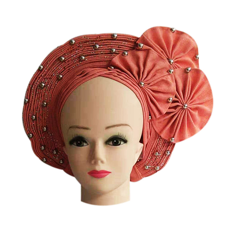 Peach  Auto Gele Headtie African  Head Wraps Gele with Shoulder  Shawl/ Strap with Stones - For all Occasions-