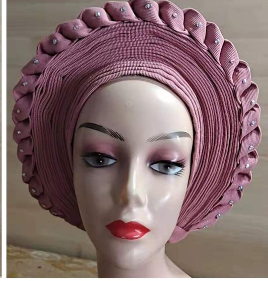 PINK - Auto Gele Nigeria Headtie African  Head Wraps Gele with Shoulder  Shawl/ Strap with Stones - For all Occasions-