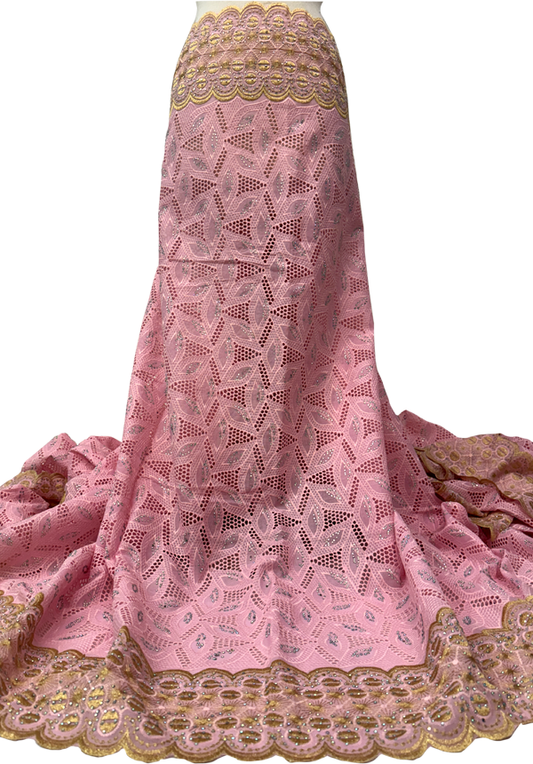 Nigerian Baby Pink  and Gold Voile Cotton Lace