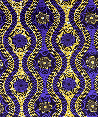 African Print Fabric  in Nylon Spandex 4 Way Stretch  Fabric - Purple, Gold, Off-White