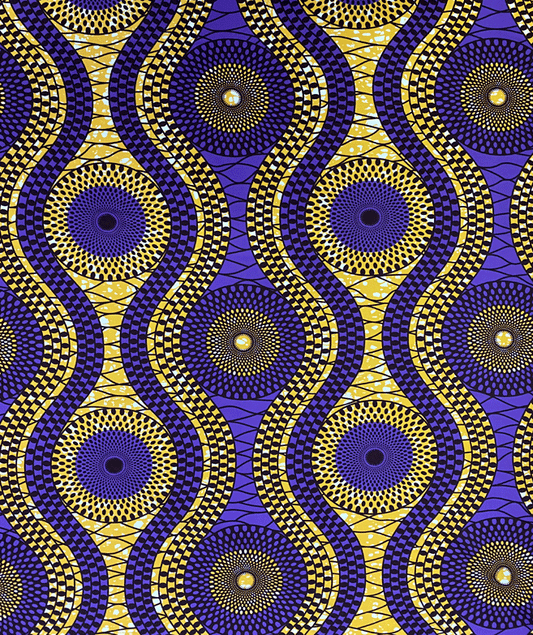 African Print Fabric  in Nylon Spandex 4 Way Stretch  Fabric - Purple, Gold, Off-White