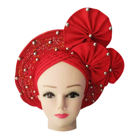 RED with flower Auto Gele Nigeria Headtie African  Head Wraps Gele with Shoulder  Shawl/ Strap with Stones - For all Occasions-