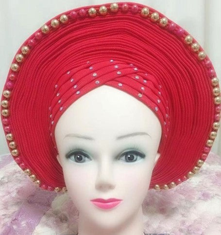 RED with Gold/Red Beads- Auto Gele Nigeria Headtie African  Head Wraps Gele with Shoulder  Shawl/ Strap with Stones - For all Occasions-