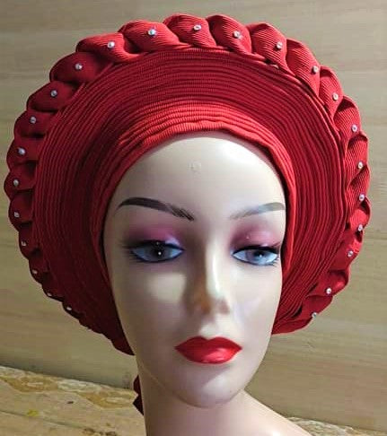 RED - Auto Gele Nigeria Headtie African  Head Wraps Gele with Shoulder  Shawl/ Strap with Stones - For all Occasions-