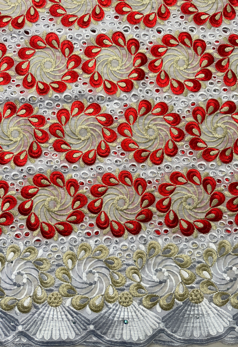 Swiss Voile Lace Red, Metallic Gold, White