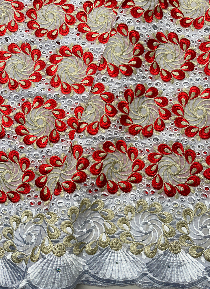 Swiss Voile Lace Red, Metallic Gold, White