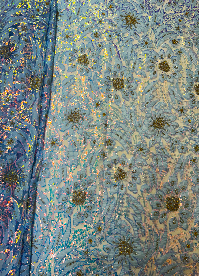 African Net Lace Fabric Exclusive NEW Arrival Lace in Pale Blue Color Floral Design, Iridescent Sequin, Stone