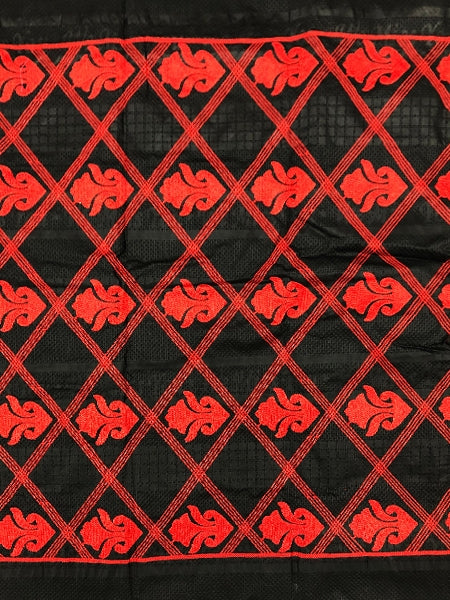 Black Seersucker Fabric with Red Yarn Embroidered in African Pattern/Design