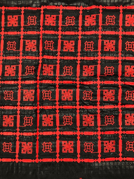 Black & Red; Seersucker and Embroidered with Yarn