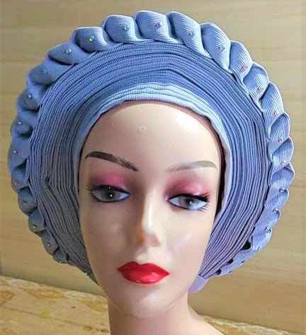 SILVER/GRAY- Auto Gele Nigeria Headtie African  Head Wraps Gele with Shoulder  Shawl/ Strap with Stones - For all Occasions-