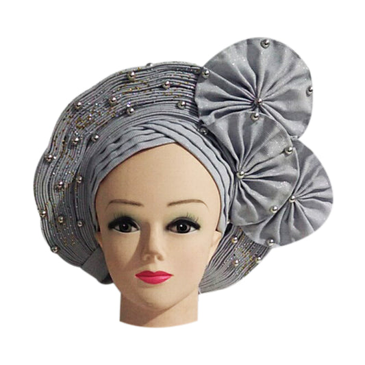 silver Auto Gele Nigeria Headtie African  Head Wraps Gele with Shoulder  Shawl/ Strap with Stones - For all Occasions-