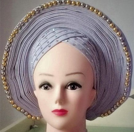 SILVER with Gold/Silver Beads- Auto Gele Nigeria Headtie African  Head Wraps Gele with Shoulder  Shawl/ Strap with Stones - For all Occasions-