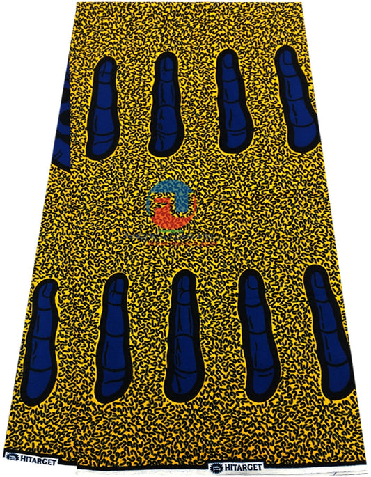 African Wax Print Fabric; Fingers Print, Yellow, Royal Blue