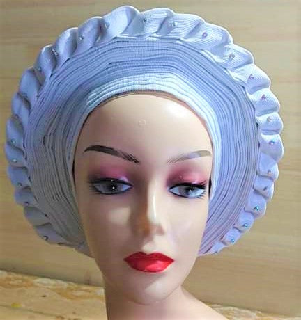 WHITE - Auto Gele Nigeria Headtie African  Head Wraps Gele with Shoulder  Shawl/ Strap with Stones - For all Occasions-